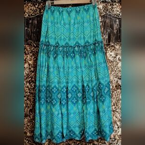 Vintage 90s Classic Elements Teal Patterned Maxi Skirt Size Small 100% Cotton